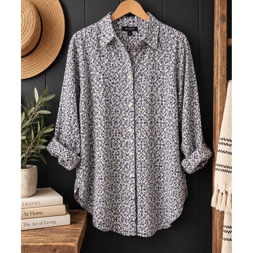 Talbots L Tencel Shirt Geometric Print Boho Coastal Grandma Eclectic Button Down